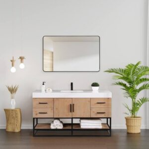 Altair 552060SB-LB-WH Bianco 60 Inch Matte Black Support Base Freestanding Single Bathroom Vanity in Light Brown with White Composite Stone Countertop and Mirror