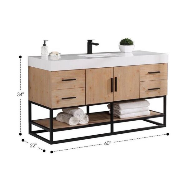 Altair 552060SB-LB-WH-NM Bianco 60 Inch Matte Black Support Base Freestanding Single Bathroom Vanity in Light Brown with White Composite Stone Countertop without Mirror