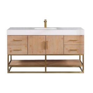 Altair 552060SG-WH-NM Bianco 60 Inch Brushed Gold Support Base Freestanding Single Bathroom Vanity with White Composite Stone Countertop without Mirror