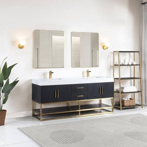 Altair 552072G-BO-WH Bianco 72 Inch Brushed Gold Support Base Freestanding Double Bathroom Vanity in Black Oak with White Composite Stone Countertop and Mirror