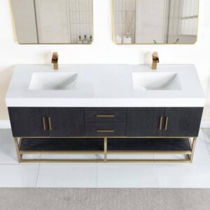 Altair 552072G-BO-WH Bianco 72 Inch Brushed Gold Support Base Freestanding Double Bathroom Vanity in Black Oak with White Composite Stone Countertop and Mirror