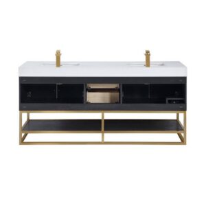 Altair 552072G-BO-WH Bianco 72 Inch Brushed Gold Support Base Freestanding Double Bathroom Vanity in Black Oak with White Composite Stone Countertop and Mirror