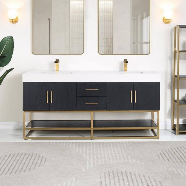 Altair 552072G-BO-WH-NM Bianco 72 Inch Brushed Gold Support Base Freestanding Double Bathroom Vanity in Black Oak with White Composite Stone Countertop without Mirror