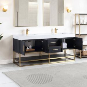 Altair 552072G-BO-WH-NM Bianco 72 Inch Brushed Gold Support Base Freestanding Double Bathroom Vanity in Black Oak with White Composite Stone Countertop without Mirror