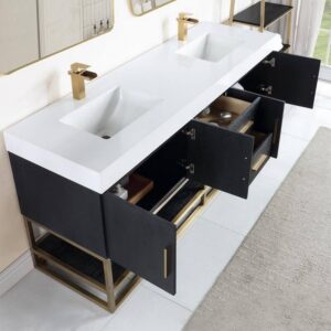 Altair 552072G-BO-WH-NM Bianco 72 Inch Brushed Gold Support Base Freestanding Double Bathroom Vanity in Black Oak with White Composite Stone Countertop without Mirror