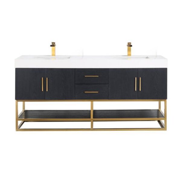 Altair 552072G-BO-WH-NM Bianco 72 Inch Brushed Gold Support Base Freestanding Double Bathroom Vanity in Black Oak with White Composite Stone Countertop without Mirror