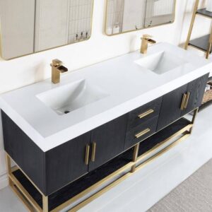 Altair 552072G-BO-WH-NM Bianco 72 Inch Brushed Gold Support Base Freestanding Double Bathroom Vanity in Black Oak with White Composite Stone Countertop without Mirror