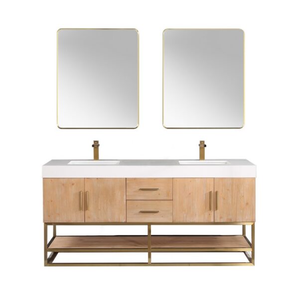 Altair 552072-LB-WH Bianco 71 5/8 Inch Double Bathroom Vanity in Light Brown with White Composite Stone Countertop and Mirror