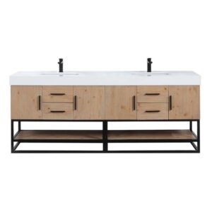 Altair 552084B-LB-WH-NM Bianco 84 Inch Matte Black Support Base Freestanding Double Bathroom Vanity in Light Brown with White Composite Stone Countertop without Mirror