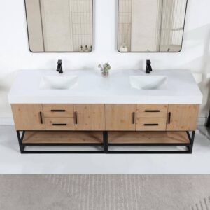 Altair 552084B-LB-WH-NM Bianco 84 Inch Matte Black Support Base Freestanding Double Bathroom Vanity in Light Brown with White Composite Stone Countertop without Mirror