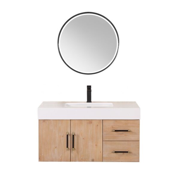 Altair 553036-LB-WH Corchia 35 5/8 Inch Wall-mounted Single Bathroom Vanity in Light Brown with White Composite Stone Countertop and Mirror