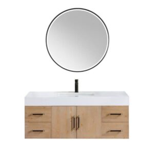 Altair 553048D-LB-WH Corchia 48D Inch Wall Mounted Single Bathroom Vanity in Light Brown with White Composite Stone Countertop and Mirror