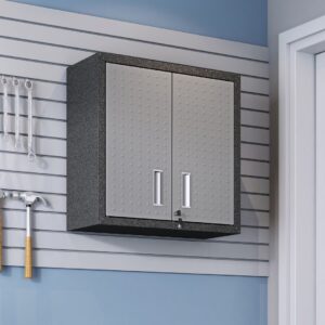 Manhattan Comfort Fortress 30" Floating Textured Metal Garage Cabinet with Adjustable Shelves in Grey