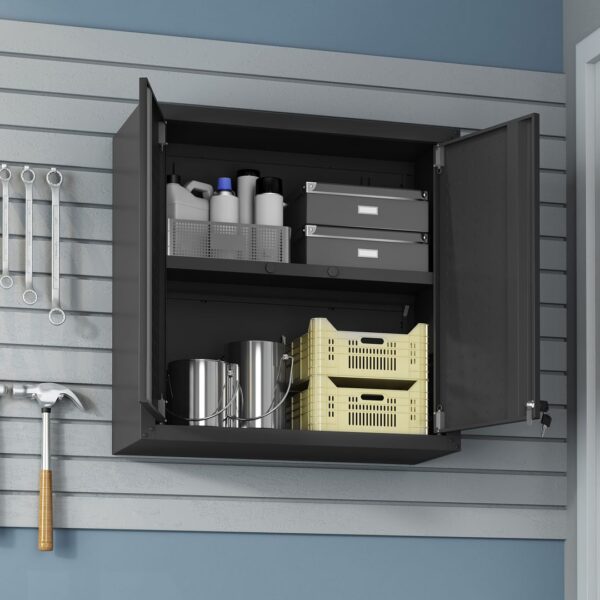 Manhattan Comfort Fortress 30" Floating Textured Metal Garage Cabinet with Adjustable Shelves in Charcoal Grey