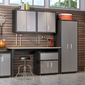 Manhattan Comfort Fortress 30" Floating Textured Metal Garage Cabinet with Adjustable Shelves in Grey