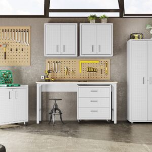 Manhattan Comfort Fortress 30" Floating Textured Metal Garage Cabinet with Adjustable Shelves in White