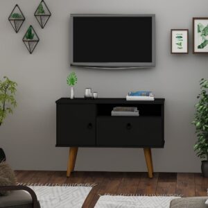 Manhattan Comfort Tribeca 35.43 Mid-Century Modern TV Stand with Solid Wood Legs in Black