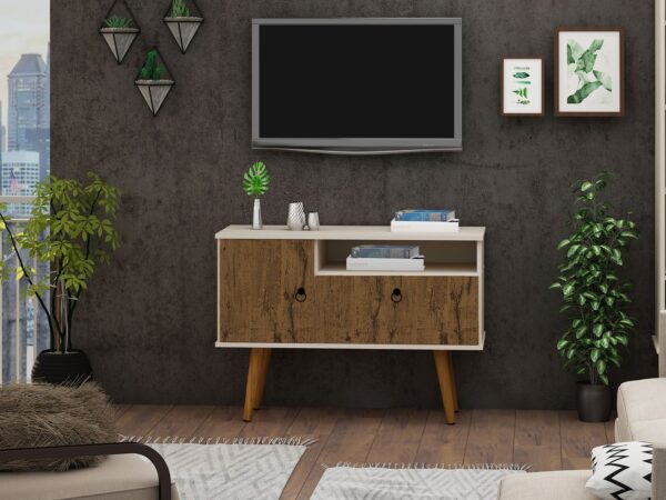 Manhattan Comfort Tribeca 35.43 Mid-Century Modern TV Stand with Solid Wood Legs in Off White and Nature