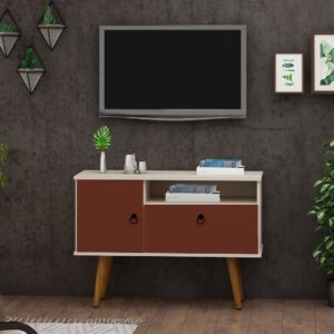 Manhattan Comfort Tribeca 35.43 Mid-Century Modern TV Stand with Solid Wood Legs in Off White and Terra Orange Pink