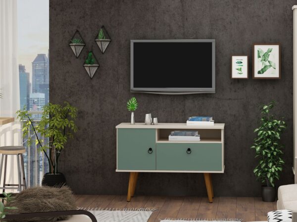 Manhattan Comfort Tribeca 35.43 Mid-Century Modern TV Stand with Solid Wood Legs in Off White and Green Mint