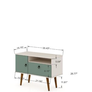 Manhattan Comfort Tribeca 35.43 Mid-Century Modern TV Stand with Solid Wood Legs in Off White and Green Mint