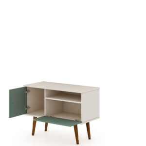 Manhattan Comfort Tribeca 35.43 Mid-Century Modern TV Stand with Solid Wood Legs in Off White and Green Mint