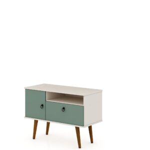 Manhattan Comfort Tribeca 35.43 Mid-Century Modern TV Stand with Solid Wood Legs in Off White and Green Mint