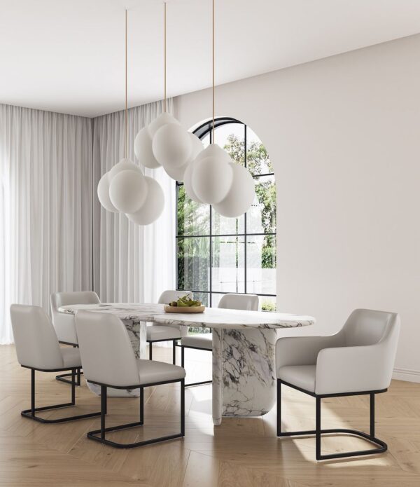 Manhattan Comfort Modern Serena 6 Piece Dining Set Upholstered in Leatherette with Steel Legs in Light Grey