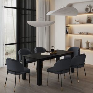 Manhattan Comfort 7-Piece Rockaway Modern 70.86 Solid Wood Dining Set in Black with 6 Flor Velvet Upholstered Dining Chairs in Black