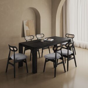 Manhattan Comfort 7-Piece Rockaway Modern 70.86 Solid Wood Dining Set in Black with 6 Colbert Dining Chairs