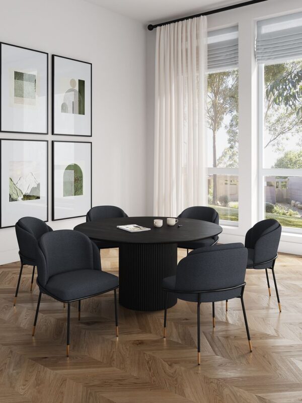 Manhattan Comfort 7-Piece Hathaway Modern 59.05 Solid Wood Round Dining Set in Black with 6 Flor Velvet Upholstered Dining Chairs in Black