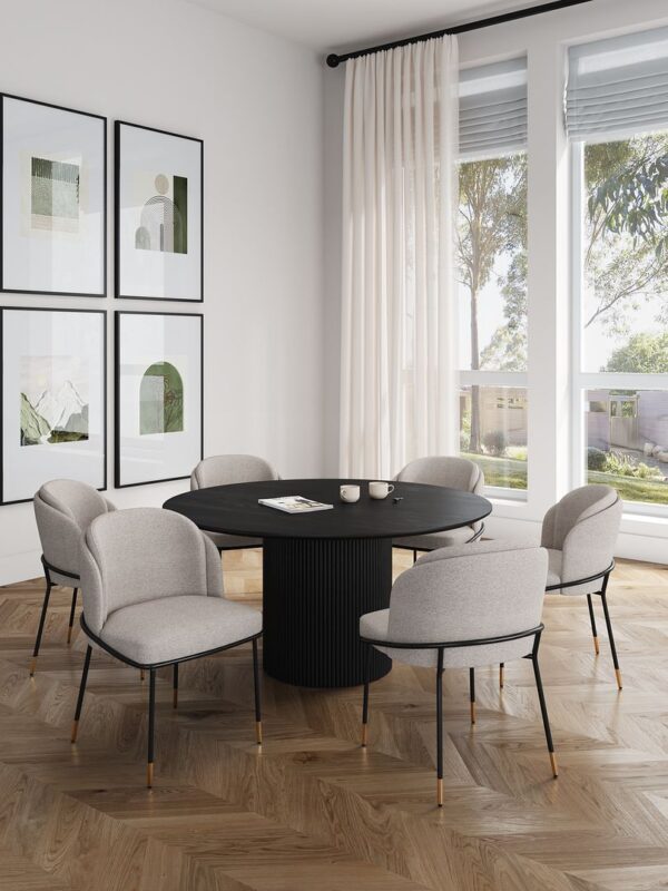 Manhattan Comfort 7-Piece Hathaway Modern 59.05 Solid Wood Round Dining Set in Black with 6 Flor Velvet Upholstered Dining Chairs in Wheat