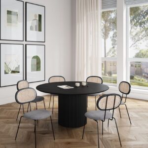 Manhattan Comfort 7-Piece Hathaway Modern 59.05 Solid Wood Round Dining Set in Black with 6 Jardin Cane Dining Chairs