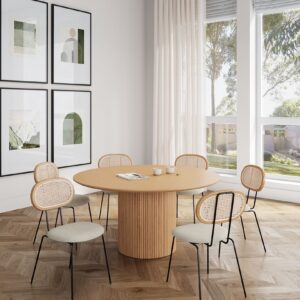 Manhattan Comfort 7-Piece Hathaway Modern 59.05 Solid Wood Round Dining Set in Nature with 6 Jardin Cane Dining Chairs