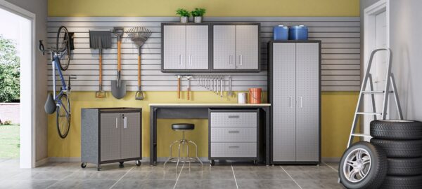 Manhattan Comfort 6-Piece Fortress Textured Garage Set with Cabinets, Wall Units and Table in Grey