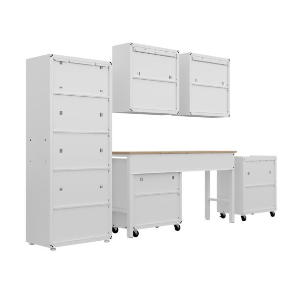 Manhattan Comfort 6-Piece Fortress Textured Garage Set with Cabinets, Wall Units and Table in White