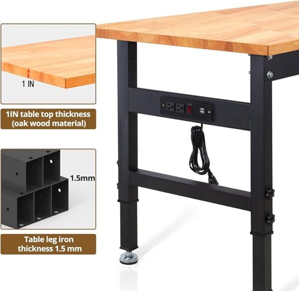 RetailHuntUSA Work Bench, Height Adjustable Workbench Heavy Duty Oak Wood Desktop Work Table with Power Outlets for Garage