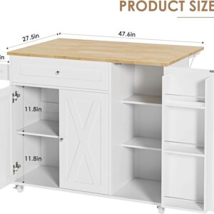 RetailHuntUSA Kitchen Island with Storage, Island Table on Wheels with Drop Leaf, Spice Rack, Drawer, Towel Rack, Rolling Kitchen Island Cart for Dinning Room, White 15.7-27.55" D x 47.63" W x 35.43" H