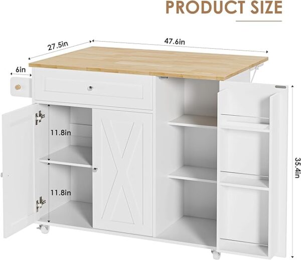 RetailHuntUSA Kitchen Island with Storage, Island Table on Wheels with Drop Leaf, Spice Rack, Drawer, Towel Rack, Rolling Kitchen Island Cart for Dinning Room, White 15.7-27.55" D x 47.63" W x 35.43" H