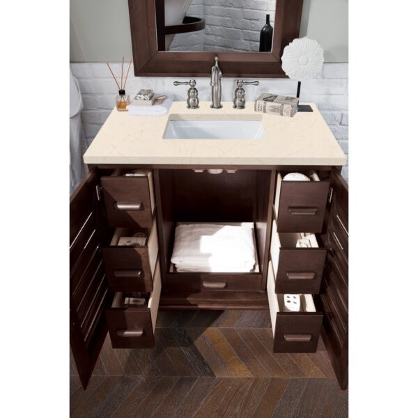 James Martin 620-V36-BNM-3EMR Portland 36 Inch Single Vanity in Burnished Mahogany with 3 CM Eternal Marfil Quartz Top