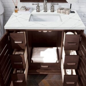 James Martin 620-V36-BNM-3ENC Portland 36 Inch Single Vanity Cabinet with Ethereal Noctis Quartz Top - Burnished Mahogany