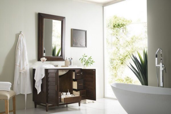 James Martin 620-V36-BNM-3AF Portland 36 Inch Single Vanity in Burnished Mahogany with 3 cm Arctic Fall Solid Surface Top