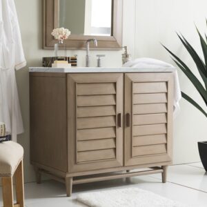 James Martin 620-V36-WW-3ENC Portland 36 Inch Single Vanity Cabinet with Ethereal Noctis Quartz Top - Whitewashed Walnut