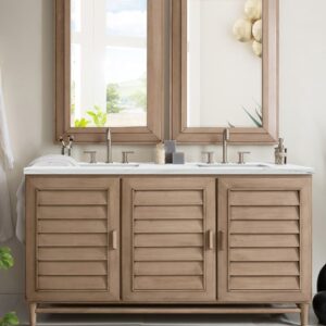 James Martin 620-V60D-WW-3ENC Portland 60 Inch Double Vanity Cabinet with Ethereal Noctis Quartz Top - Whitewashed Walnut