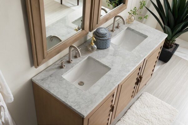 James Martin 620-V60D-WW-3CAR Portland 60 Inch Double Vanity in Whitewashed Walnut with 3 cm Carrara Marble Top