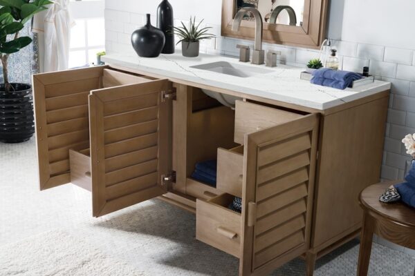 James Martin 620-V60S-WW-3ENC Portland 60 Inch Single Vanity Cabinet with Ethereal Noctis Quartz Top - Whitewashed Walnut