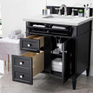 James Martin 650-V30-BKO-3ENC Brittany 30 Inch Single Vanity Cabinet with Ethereal Noctis Quartz Top - Black Onyx