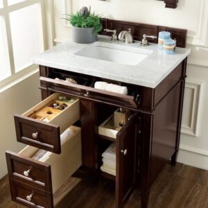 James Martin 650-V30-BNM-3AF Brittany 30 Inch Single Vanity in Burnished Mahogany with 3 cm Arctic Fall Solid Surface Top