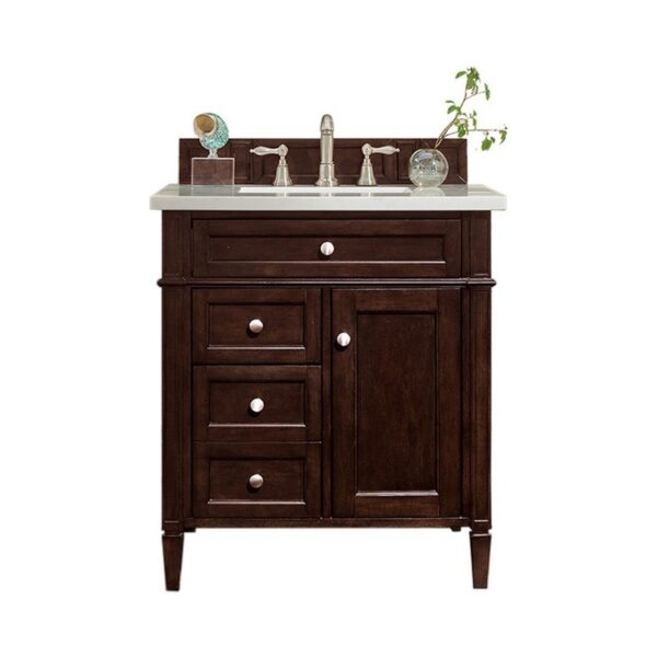 James Martin 650-V30-BNM-3CAR Brittany 30 Inch Single Vanity in Burnished Mahogany with 3 cm Carrara Marble Top