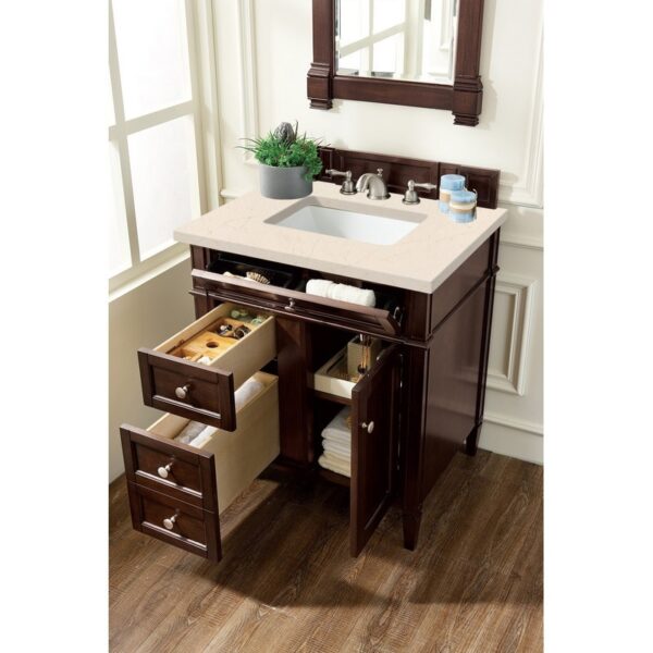 James Martin 650-V30-BNM-3EMR Brittany 30 Inch Single Vanity in Burnished Mahogany with 3 CM Eternal Marfil Quartz Top